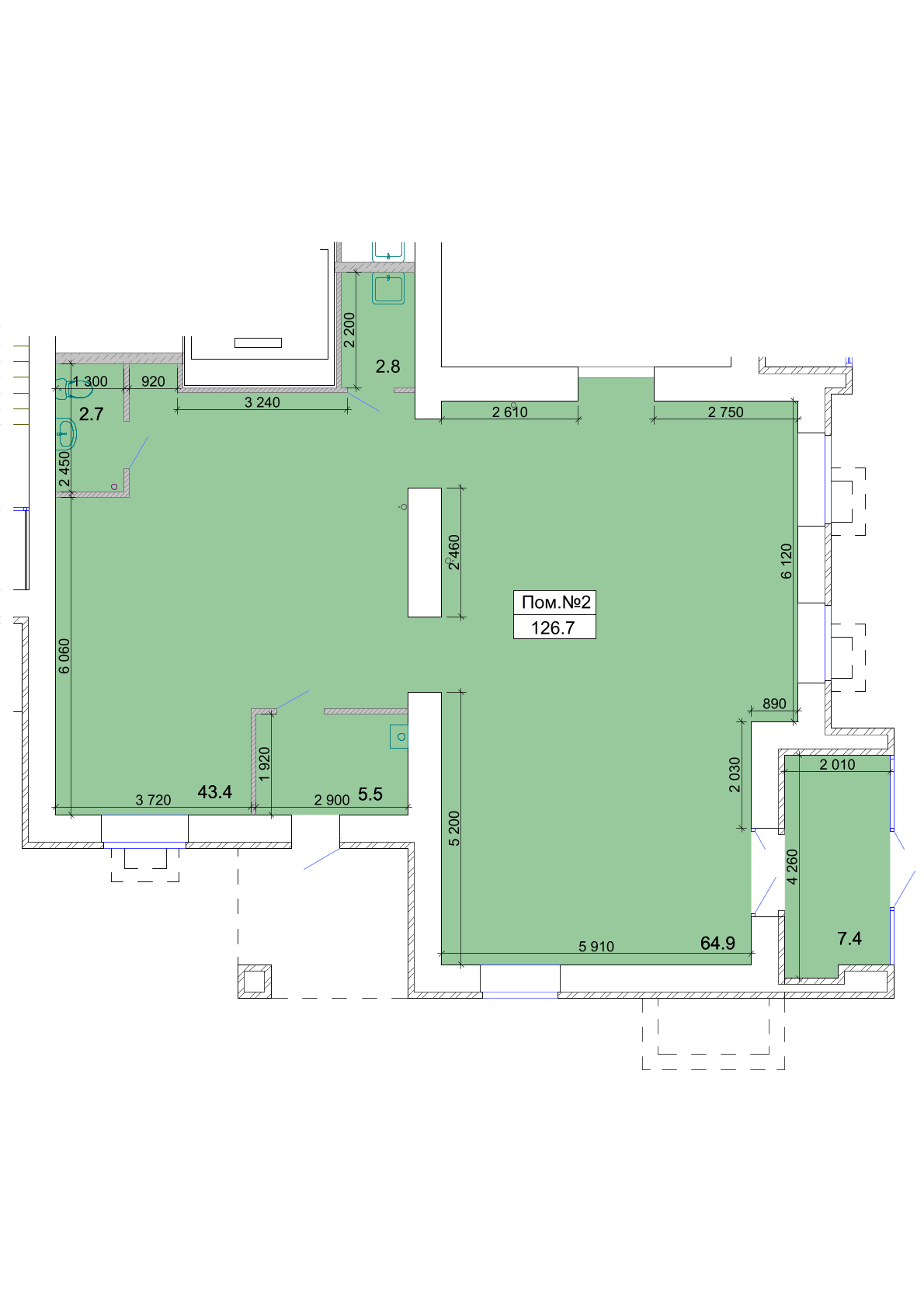Планировка коммерческого помещения площадью 126,7 м²