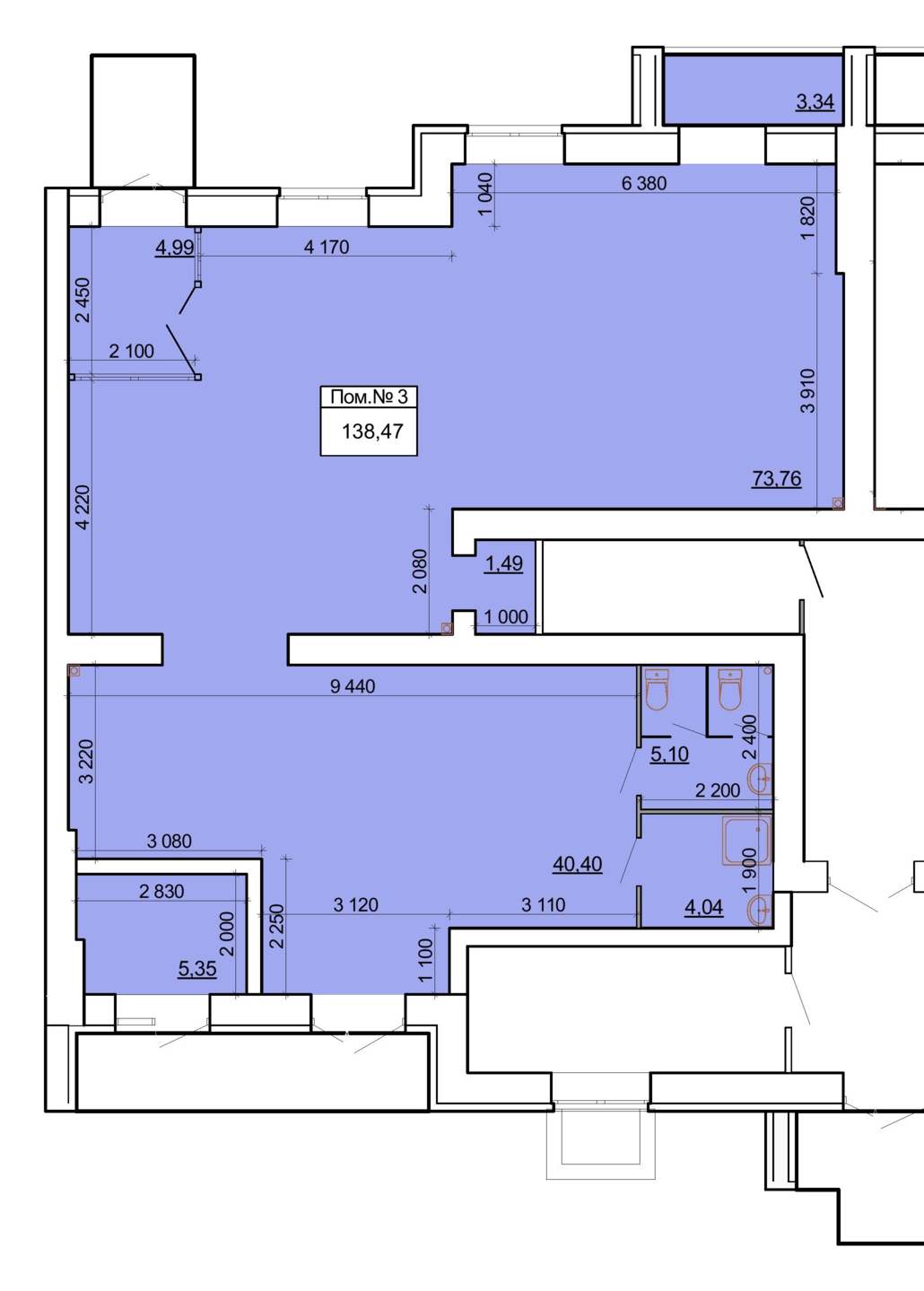 Планировка коммерческого помещения площадью 138,47 м²
