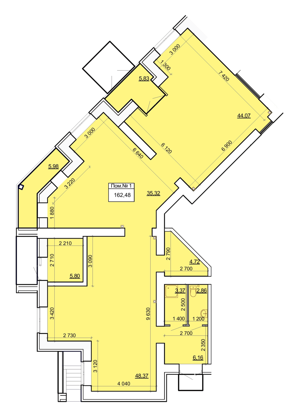 Планировка коммерческого помещения площадью 162,48 м²