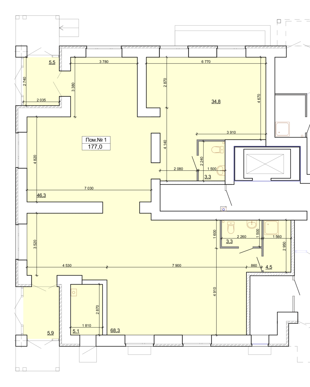 Планировка коммерческого помещения площадью 177 м²