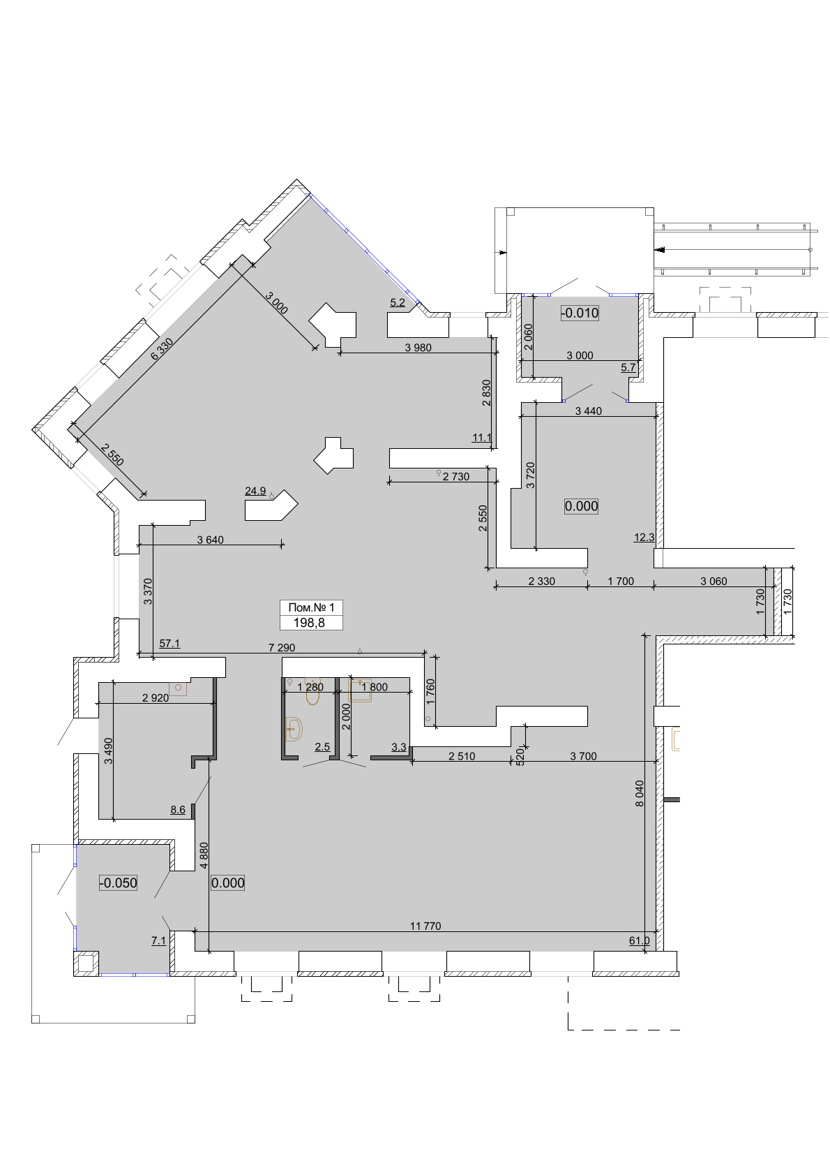 Планировка коммерческого помещения площадью 198,8 м²