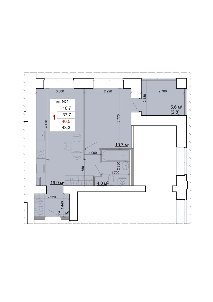 Планировка: 1-комнатная, 40,5 м²