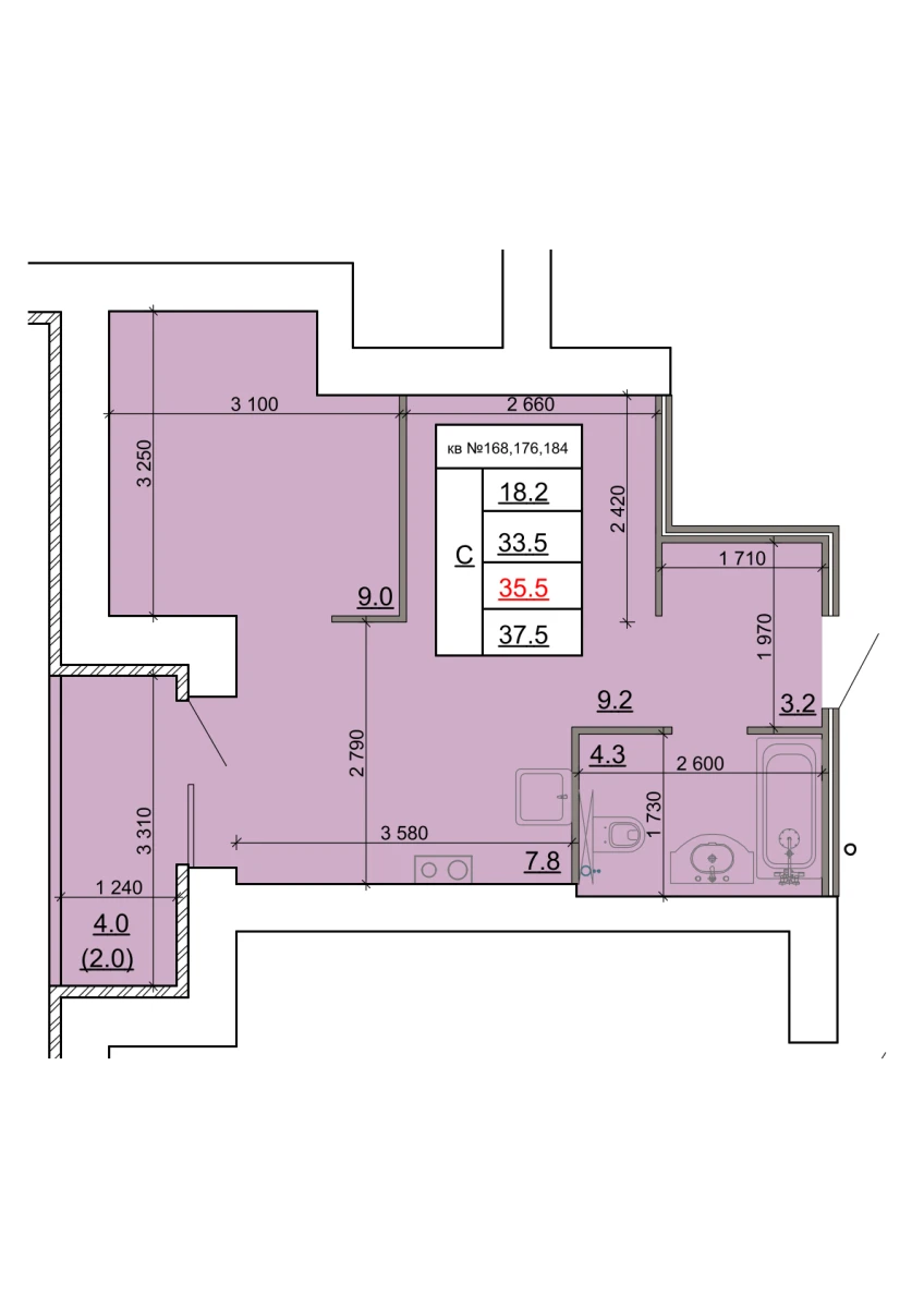 Планировка: Студия, 35,5 м²