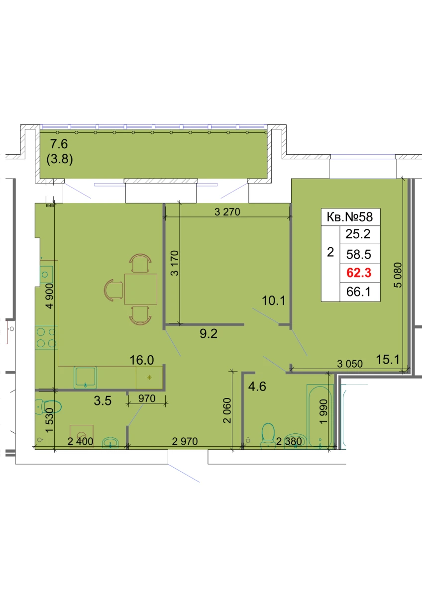 Планировка: 2-комнатная, 62,3 м²