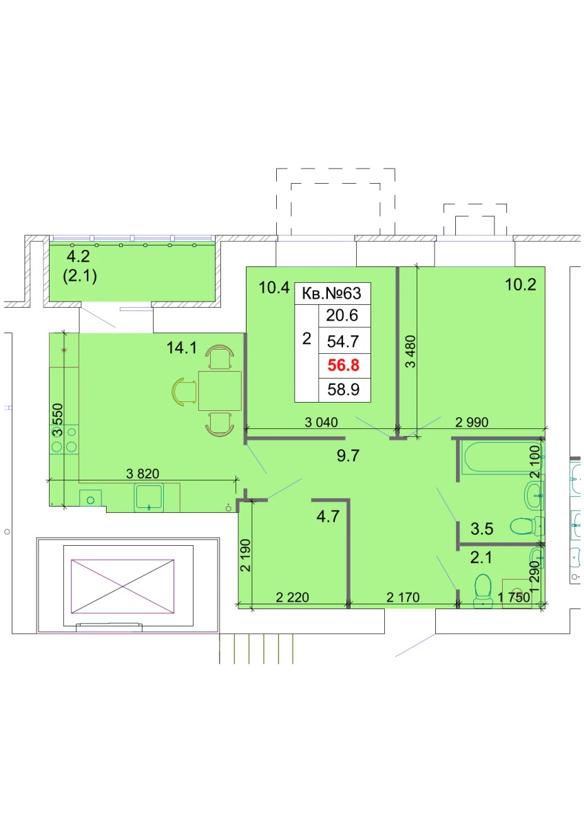 Планировка: 2-комнатная, 56,8 м²