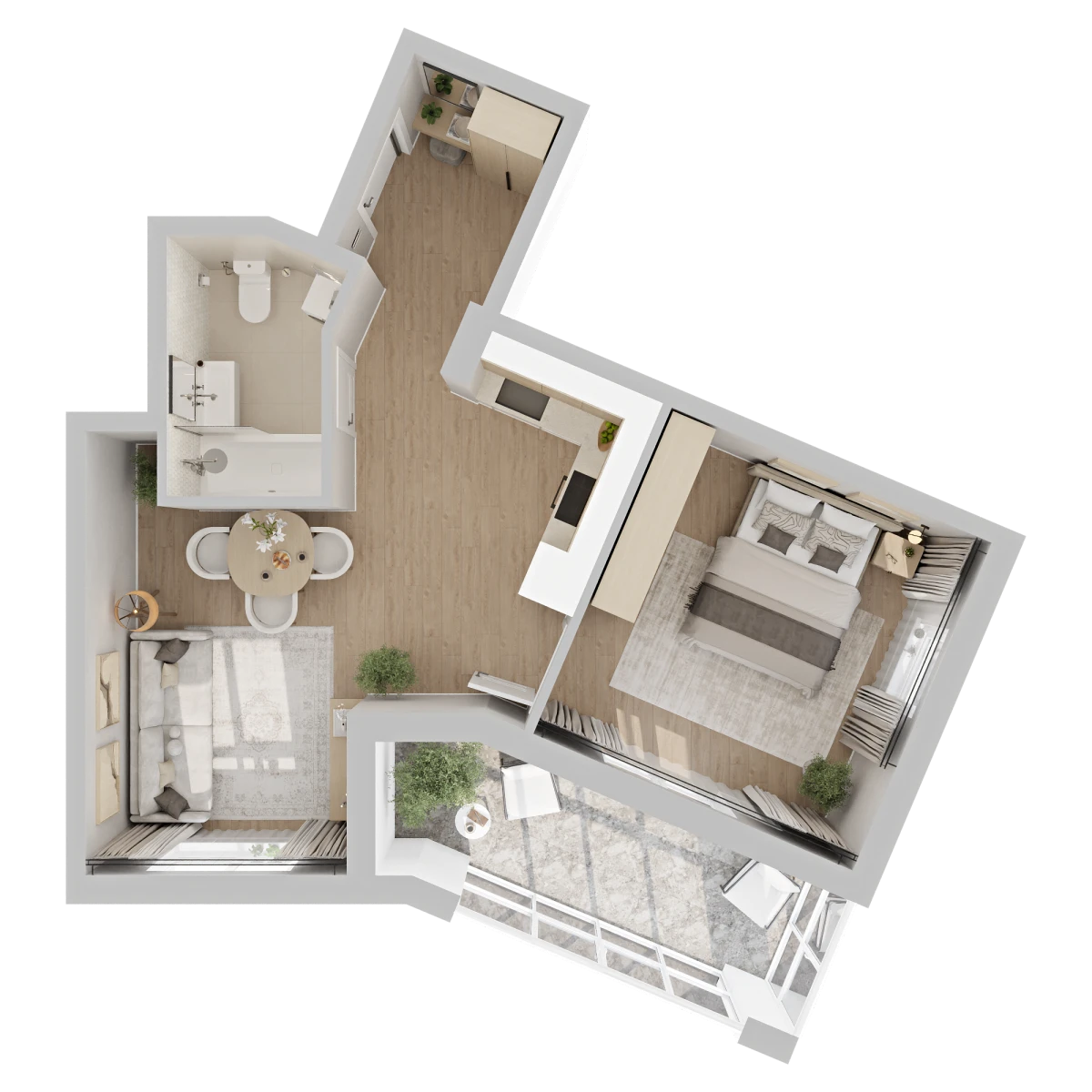 Планировка 1-комнатная площадью 45,9 м², вид 2