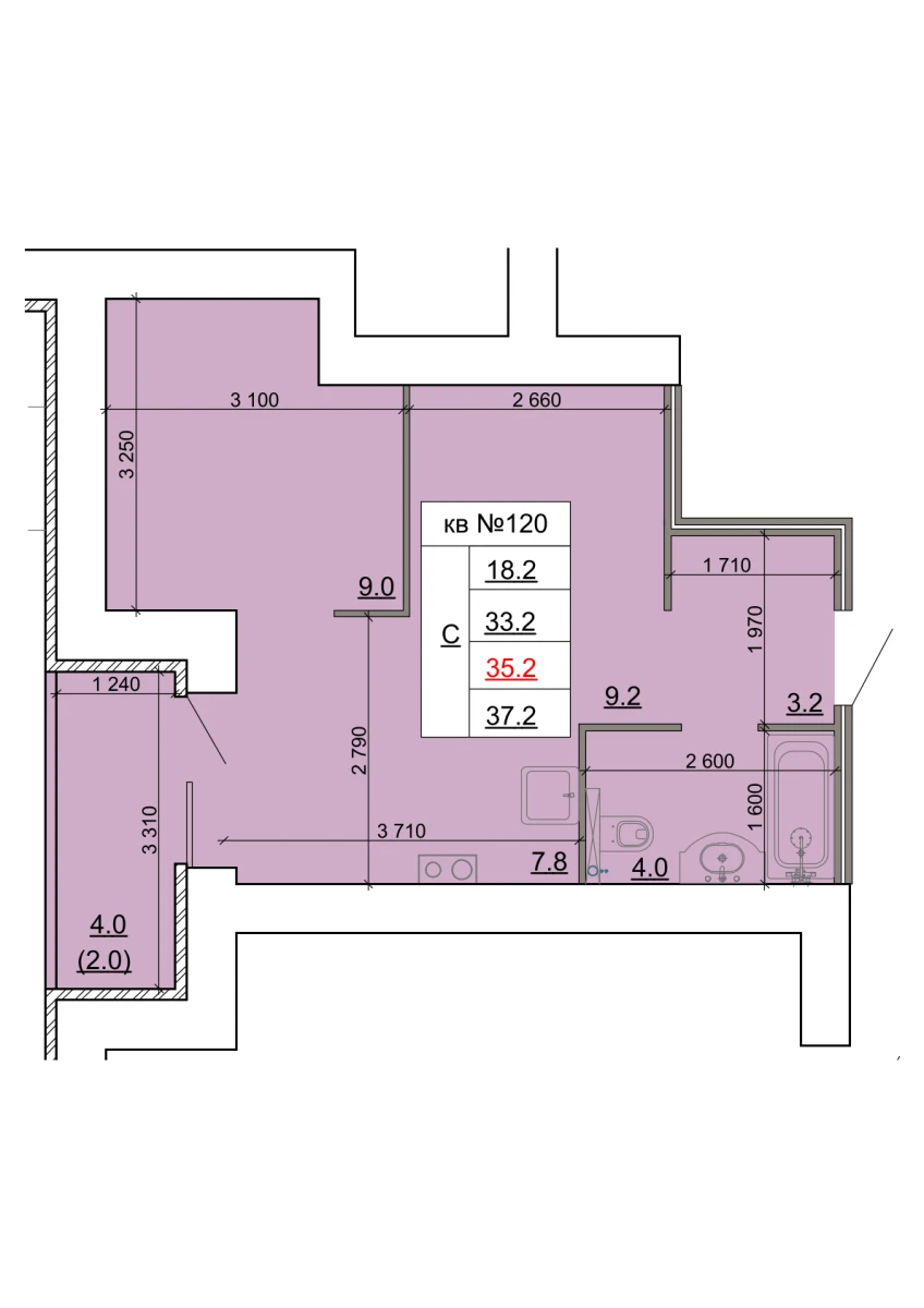 Планировка: Студия, 35,2 м²
