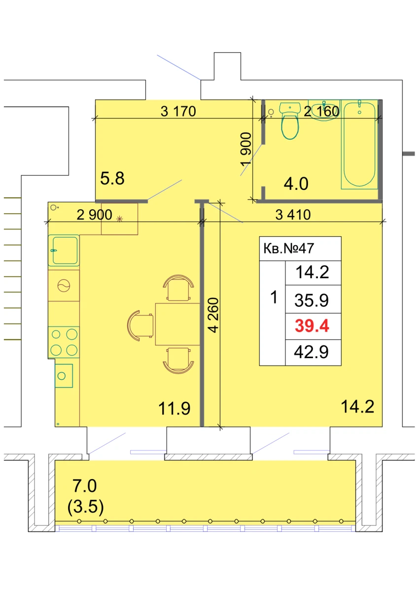 Планировка: 1-комнатная, 39,4 м²