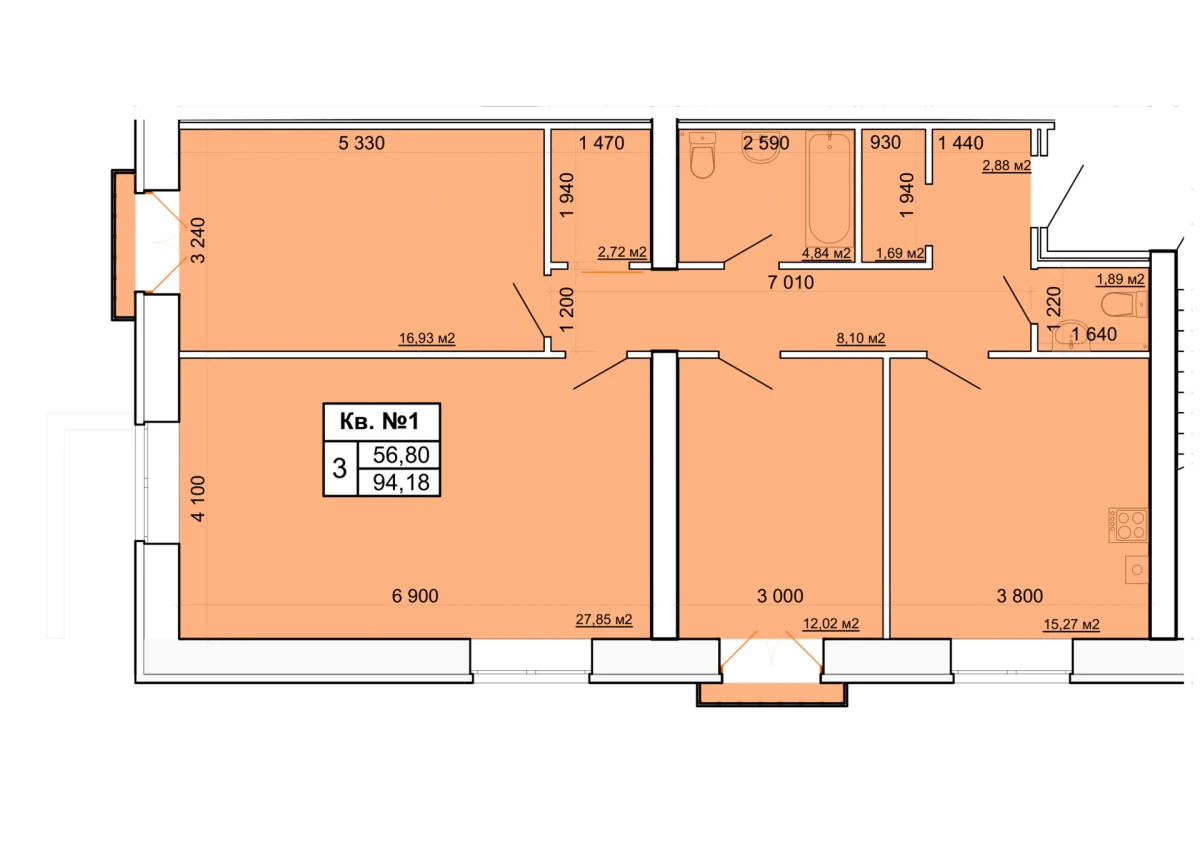 Планировка: 3-комнатная, 95,5 м²