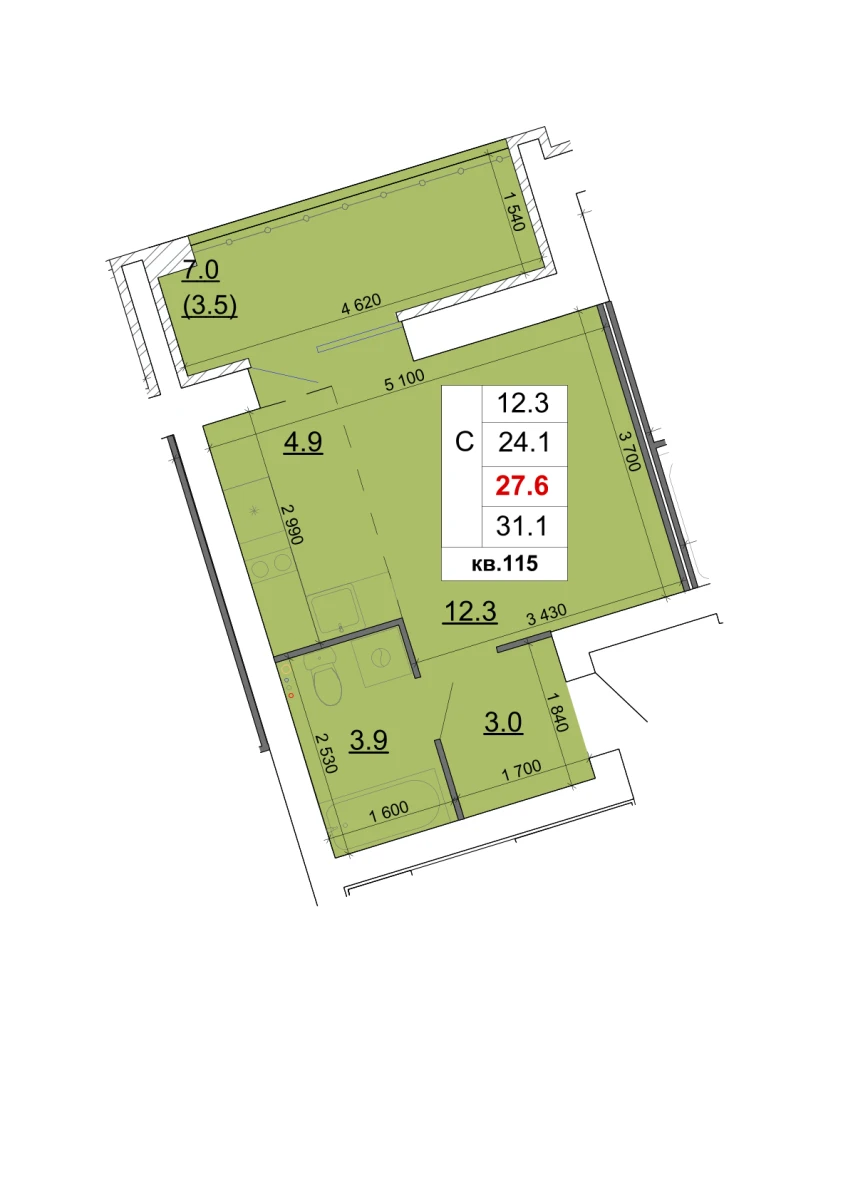 Планировка: Студия, 27,6 м²