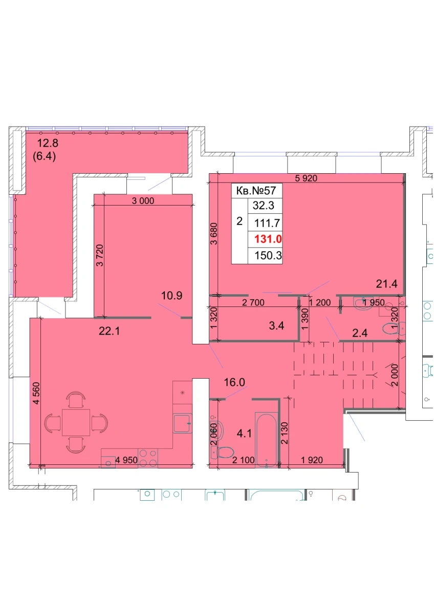 Планировка: 2-комнатная, 131 м²