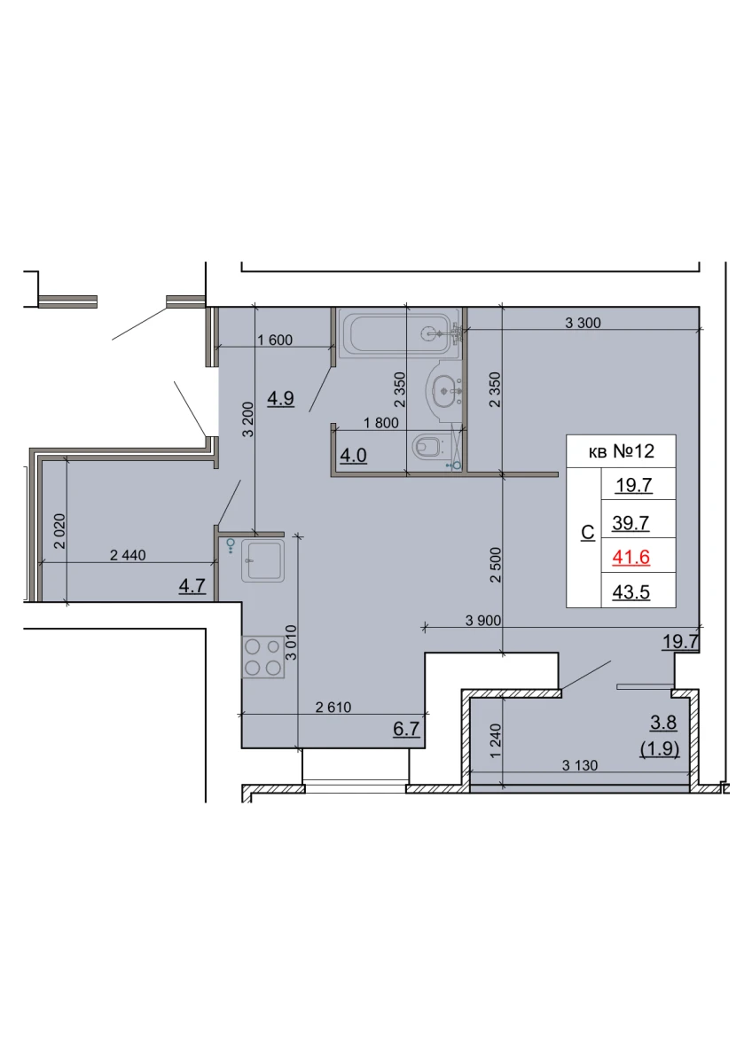 Планировка: Студия, 41,6 м²