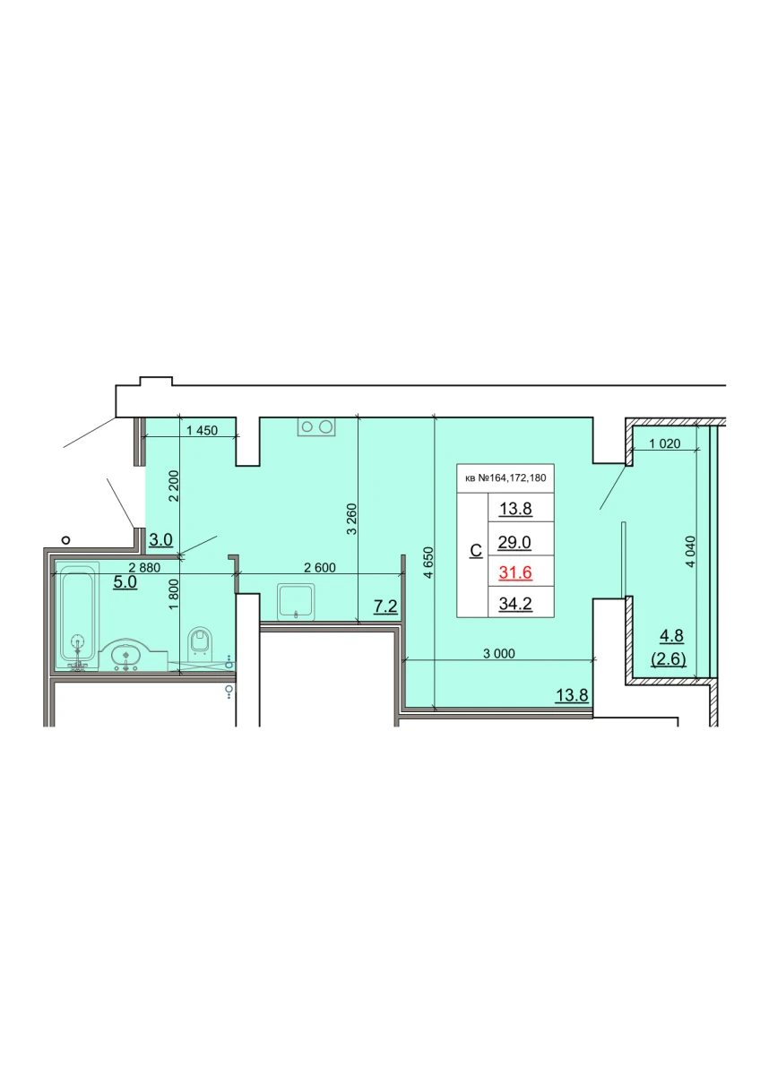 Планировка: Студия, 31,6 м²