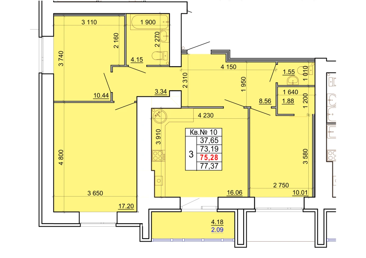 Планировка: 3-комнатная, 75,3 м²