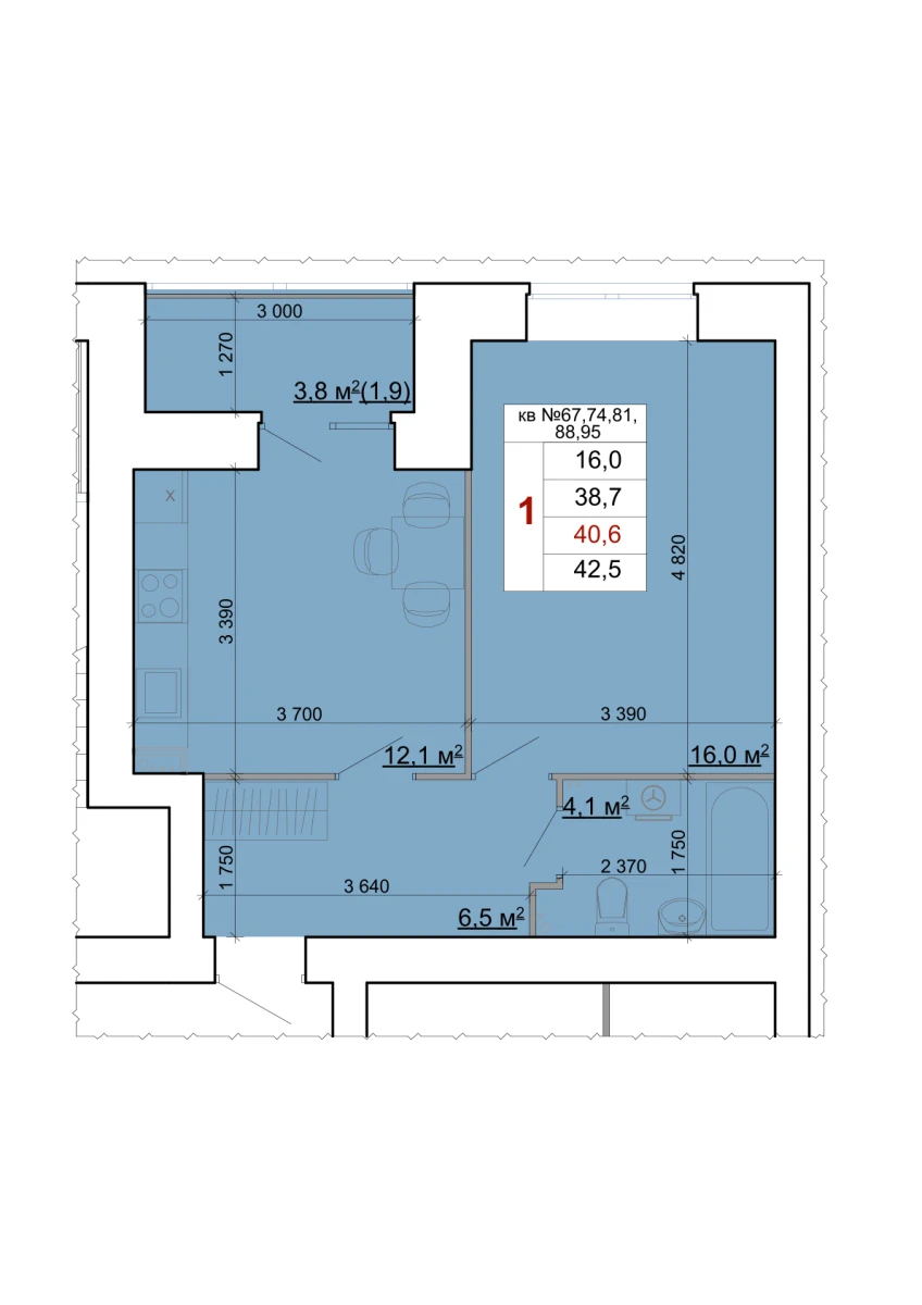 Планировка: 1-комнатная, 40,6 м²