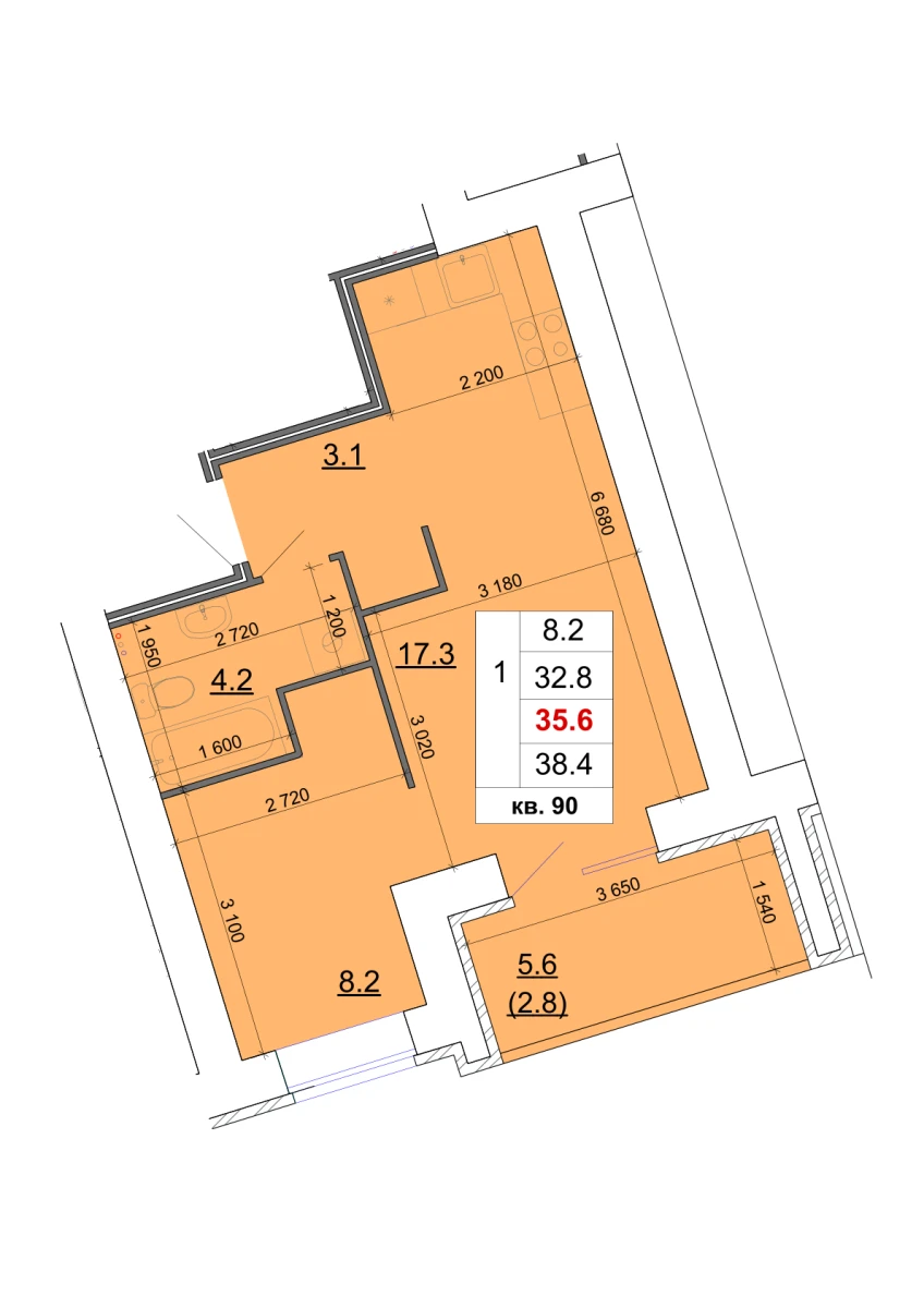 Планировка: 1-комнатная, 35,6 м²