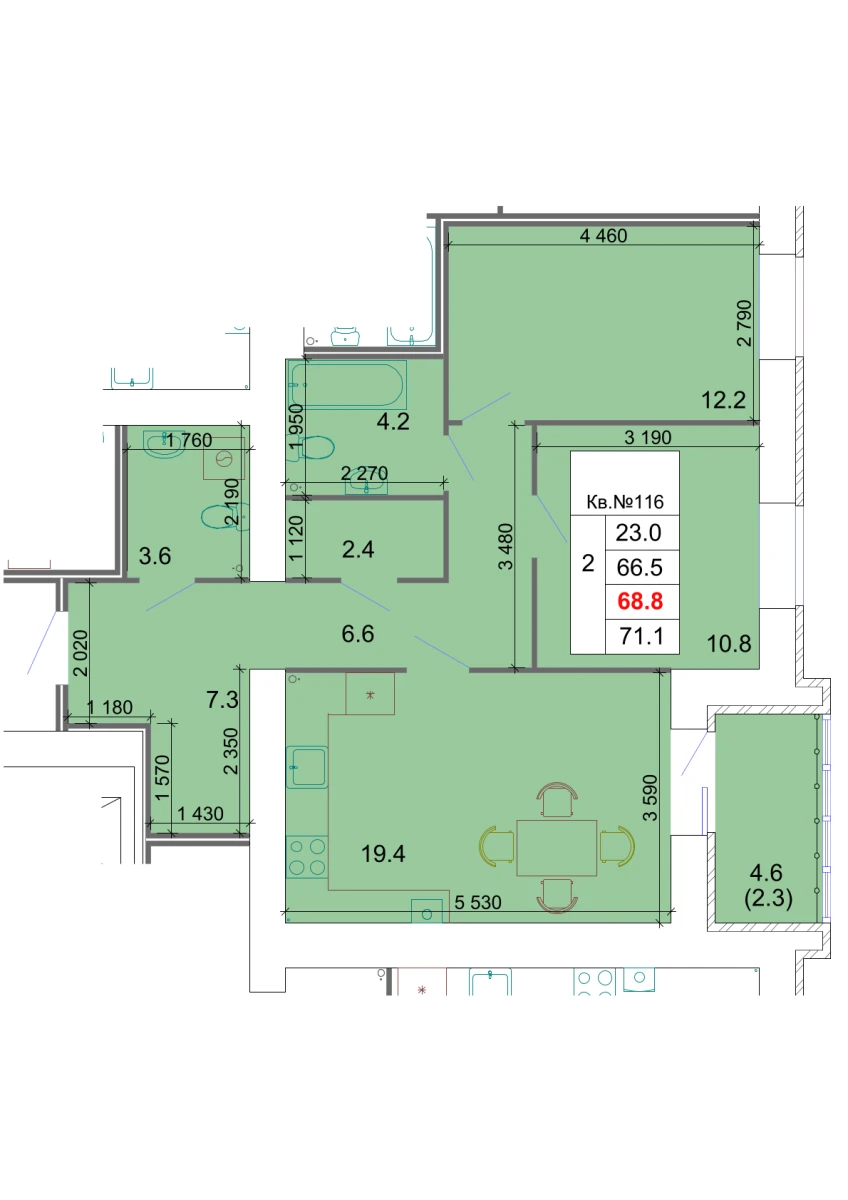 Планировка: 2-комнатная, 68,8 м²