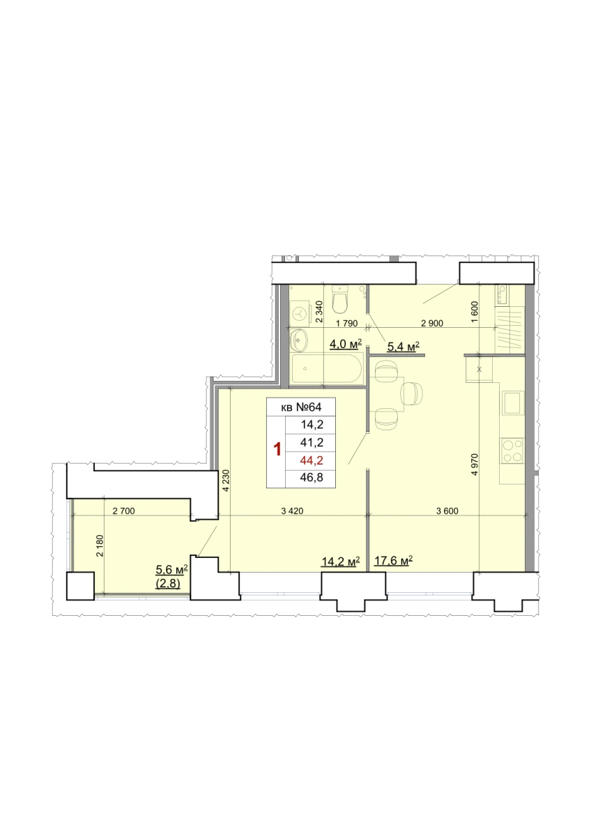 Планировка: 1-комнатная, 44,2 м²
