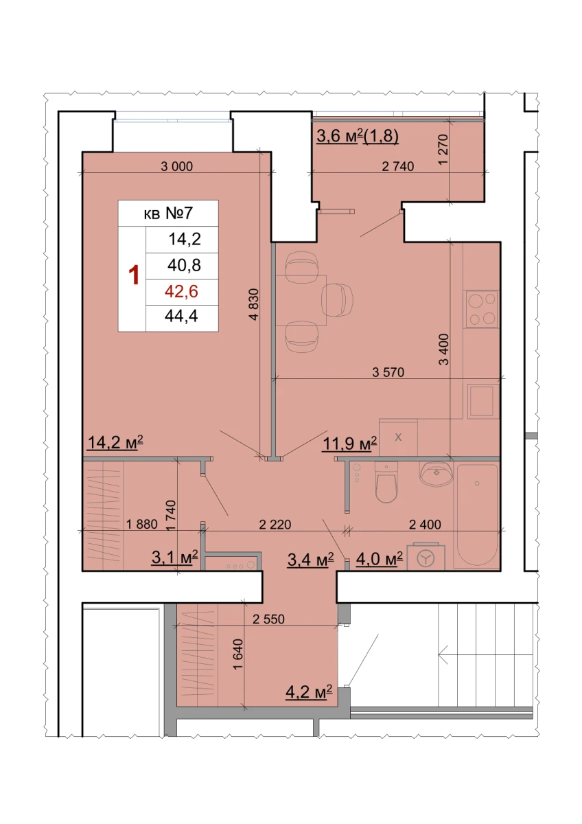 Планировка: 1-комнатная, 42,6 м²