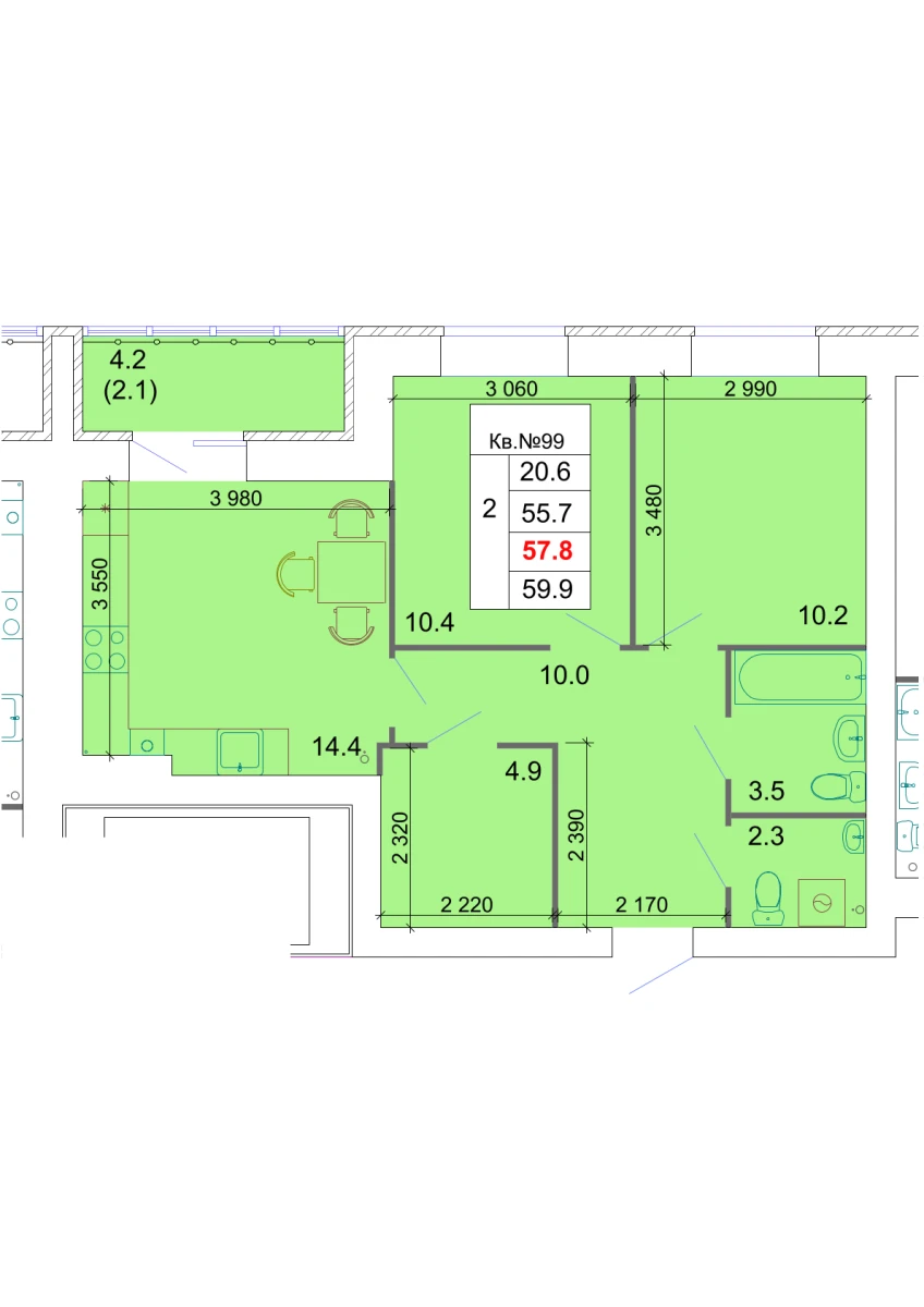 Планировка: 2-комнатная, 57,8 м²