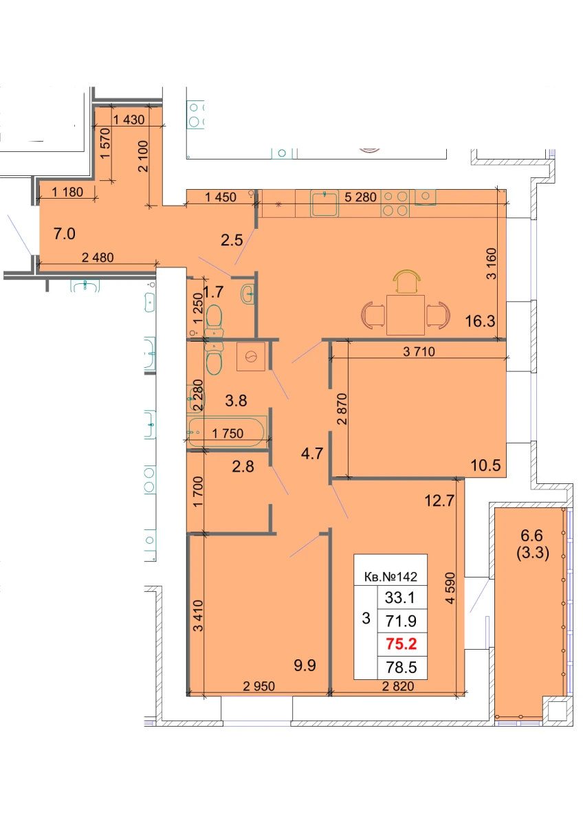 Планировка: 3-комнатная, 75,2 м²