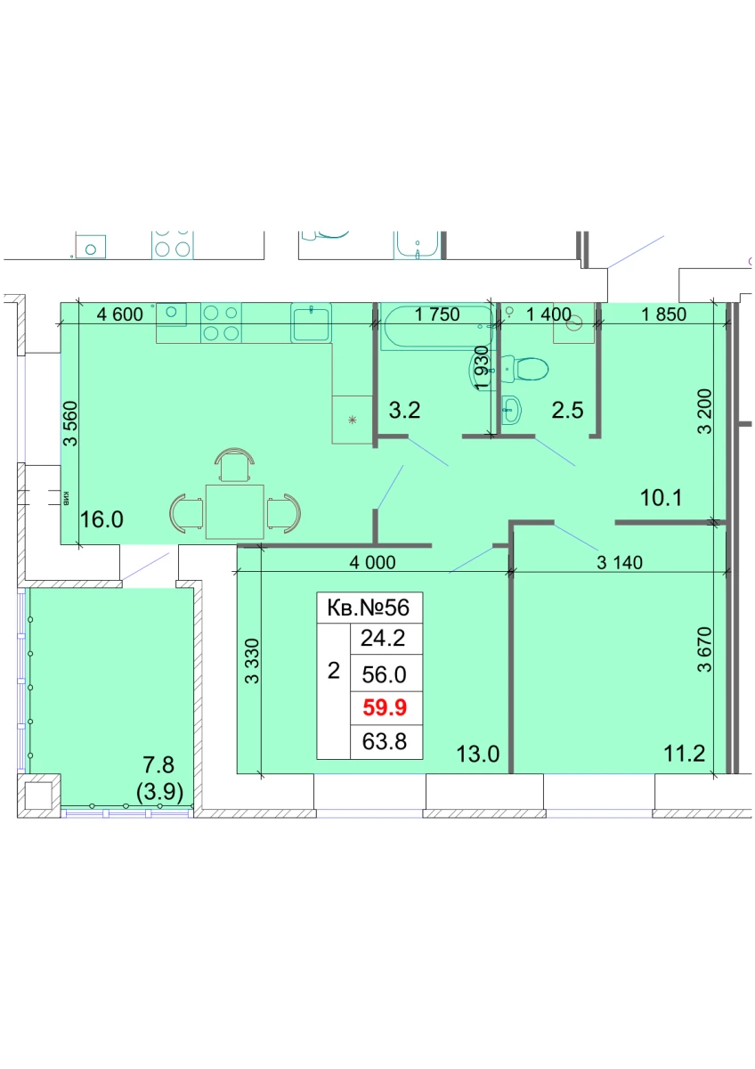 Планировка: 2-комнатная, 59,9 м²