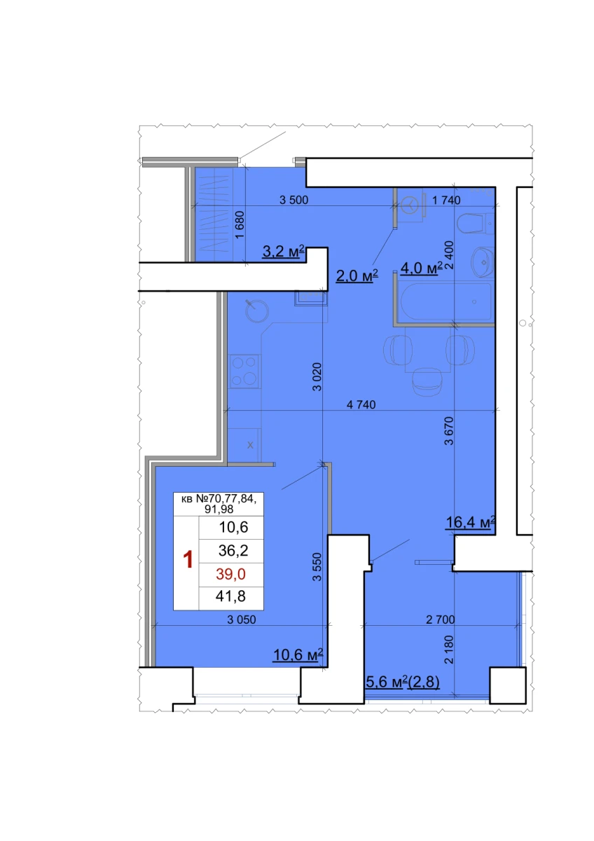 Планировка: 1-комнатная, 39 м²