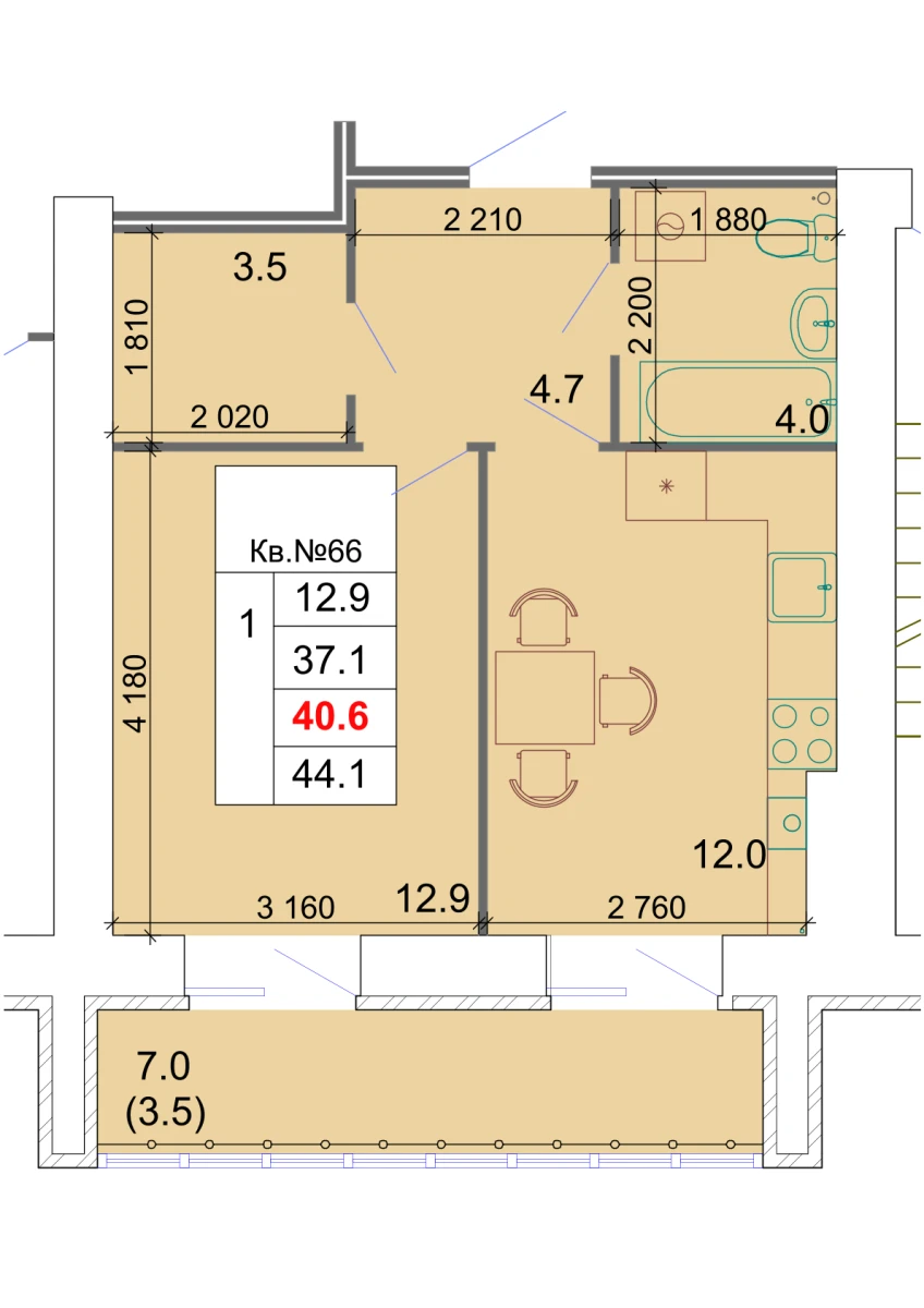 Планировка: 1-комнатная, 40,6 м²