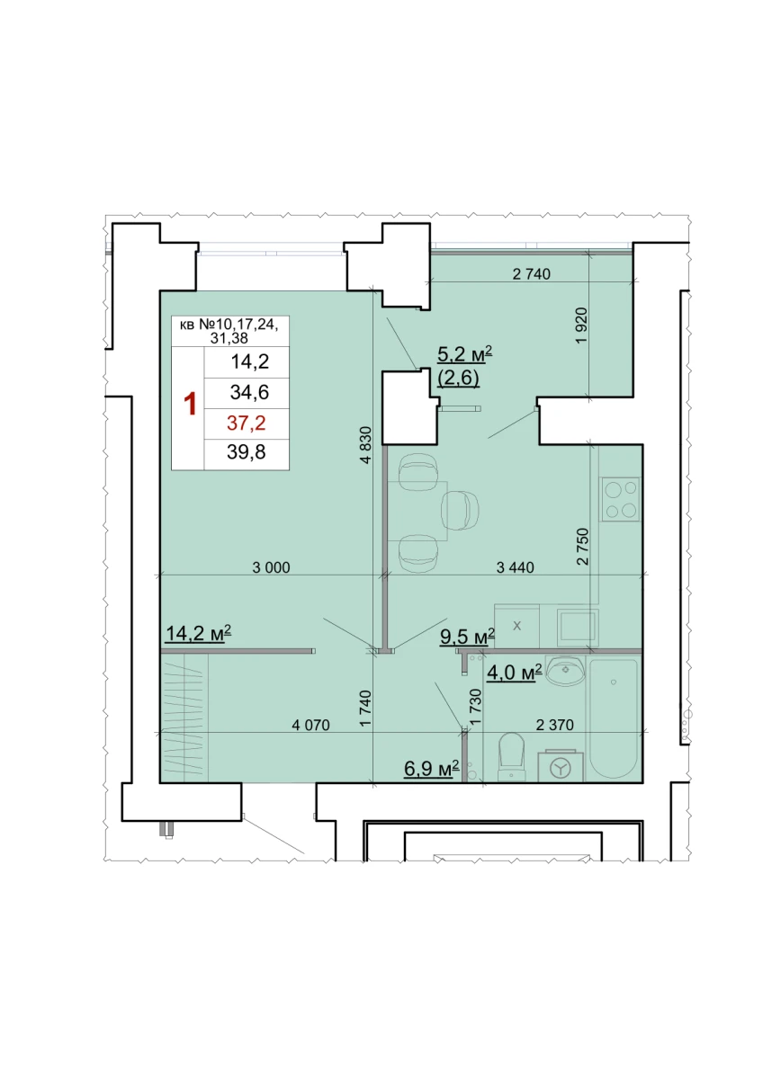 Планировка: 1-комнатная, 37,2 м²