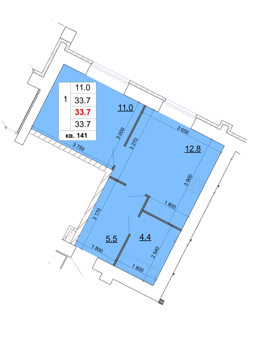 Планировка: 1-комнатная, 33,7 м²