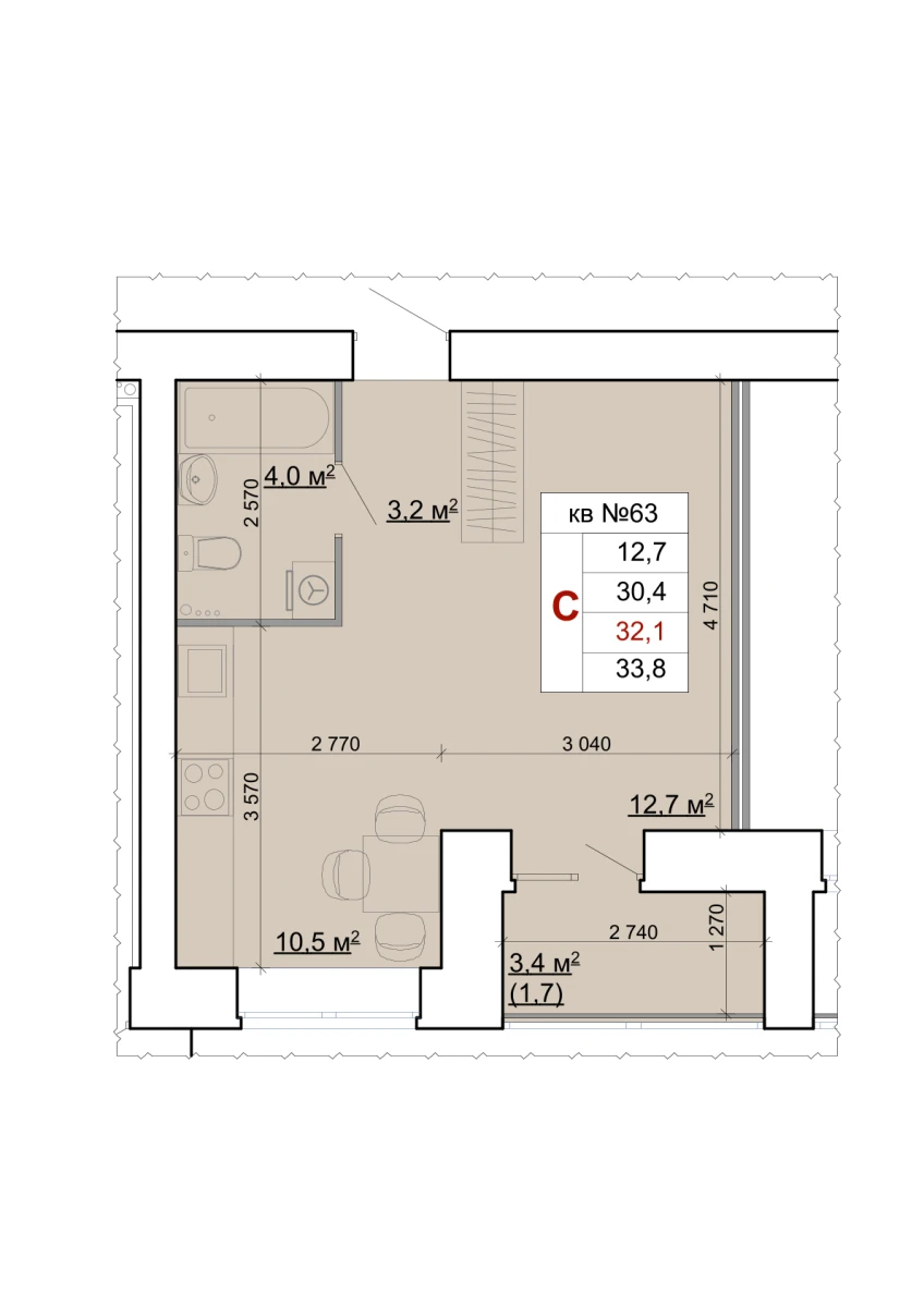 Планировка: Студия, 32,1 м²